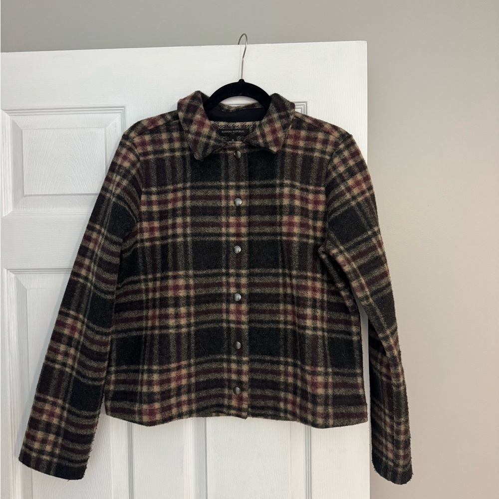 Banana Republic Plaid Wool-Blend Jacket in Olive, Burgundy & Cream SIZE M